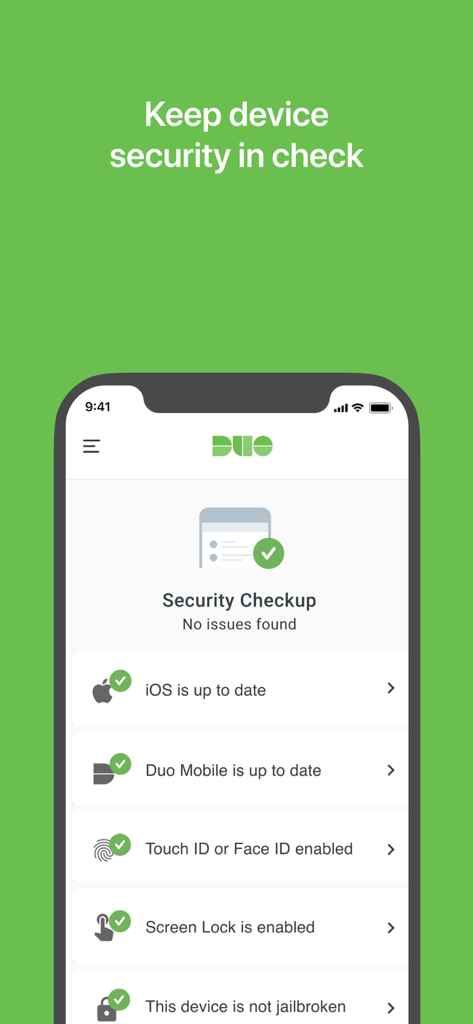 Duo Mobile app interface showing a security checkup screen with verified device security settings