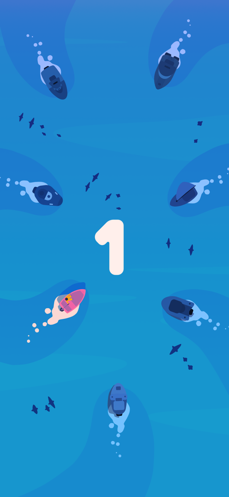 1sland - Top-down view of minimalist boats in a blue ocean with a large number one in the center