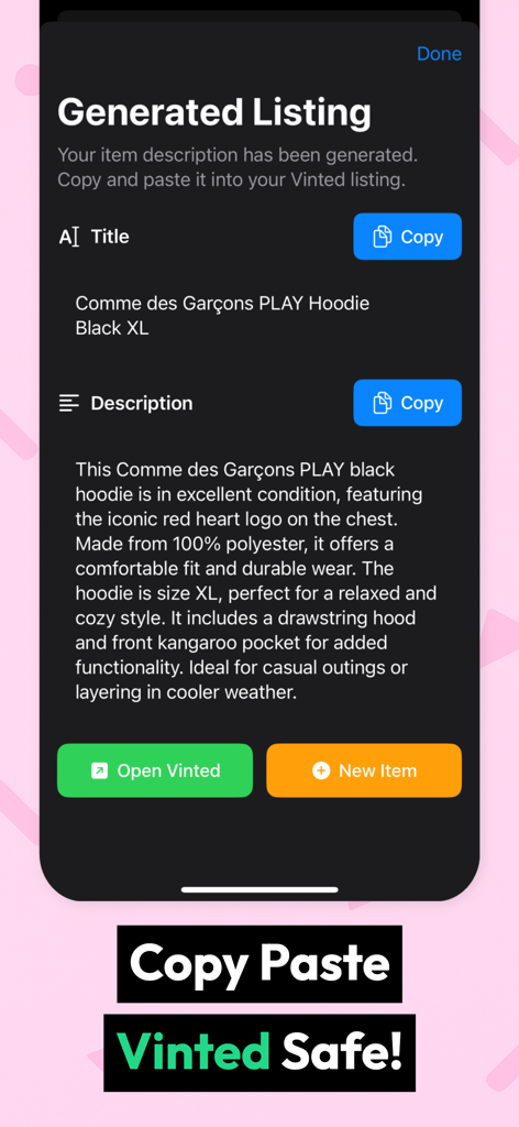 Smartphone screen displaying an AI generated clothing listing for Vinted with options to copy the title and description.