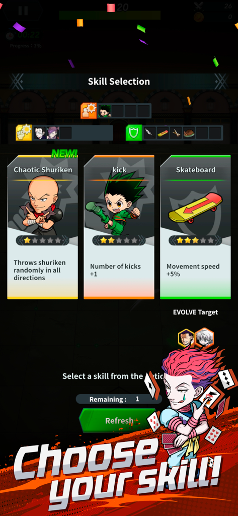 HUNTER×HUNTER NEN×SURVIVOR - 곤과 히소카가 다양한 능력 카드를 특징으로 하는 헌터 x 헌터 넨 서바이벌의 스킬 선택 메뉴