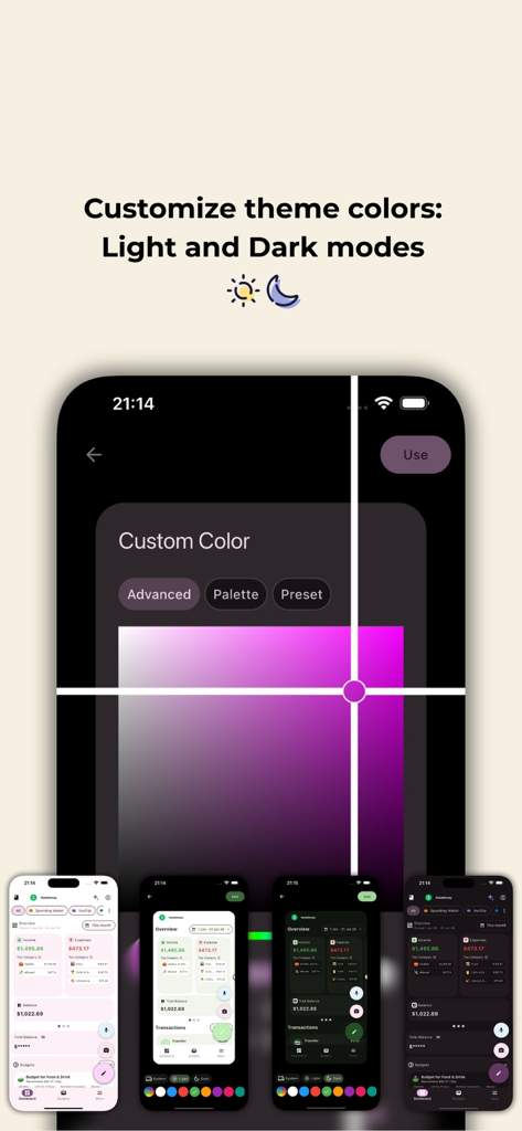 NoteMoney app interface showing color customization for light and dark modes