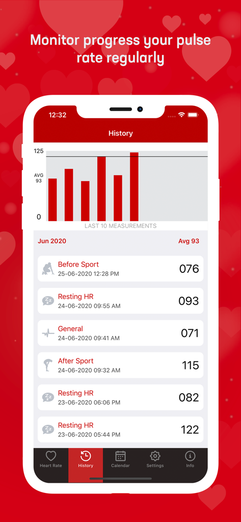 Heart Rate & Pulse Tracker - Heart Rate and Pulse Tracker history screen showing a bar graph of recent measurements and a list of pulse logs with activity labels