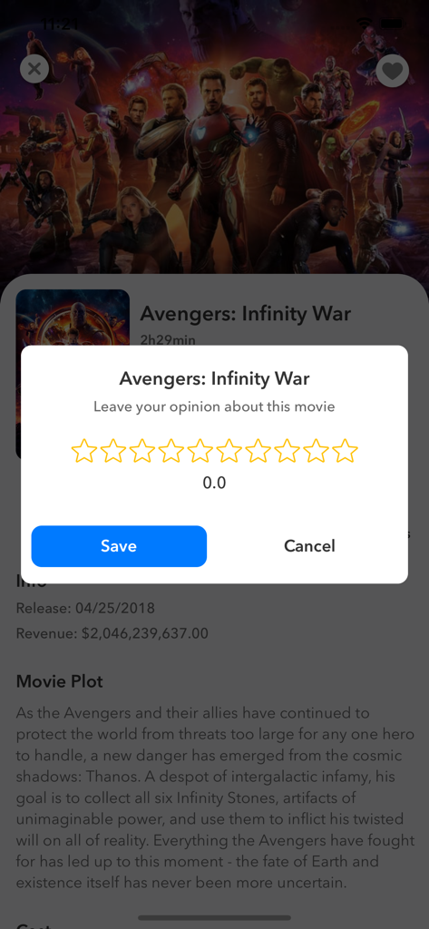 MyMovies - Catalog - User interface of MyMovies app showing a ten star rating popup for Avengers Infinity War over the movie details page