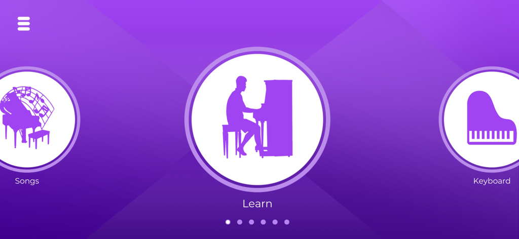 Pianist Master - Main menu of the Pianist Master app showing circular icons for Songs, Learn, and Keyboard modes on a purple background.