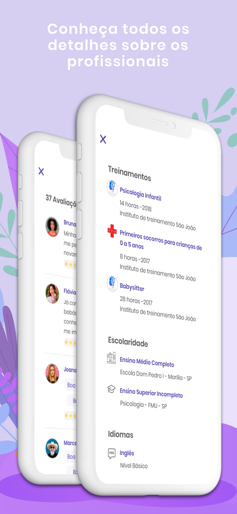 Famyle - Contrate para família - Detailed view of a professional caregiver profile on the Famyle app showing training certifications and user reviews.
