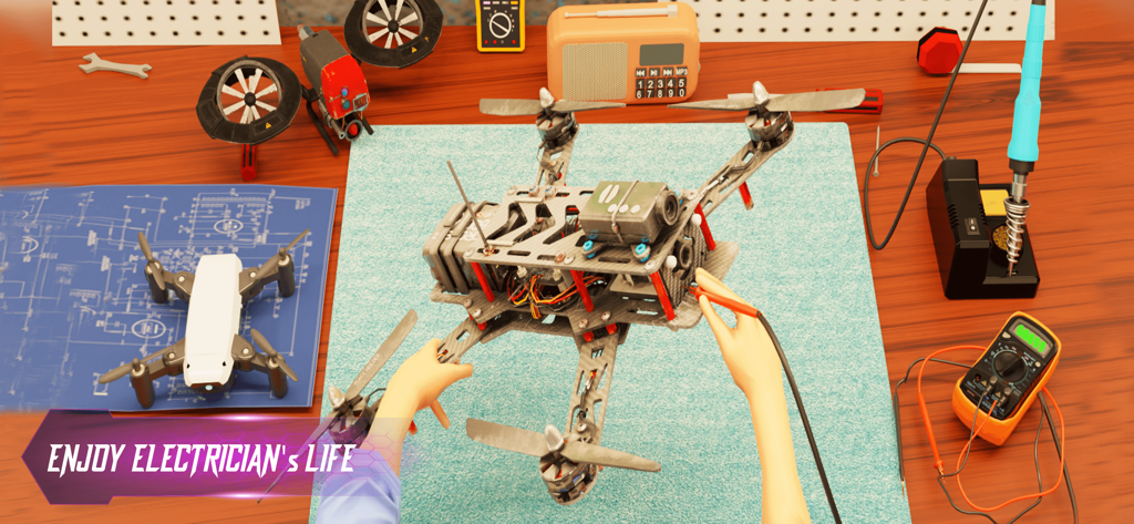 Repairing a drone with tools in a 3D simulation game