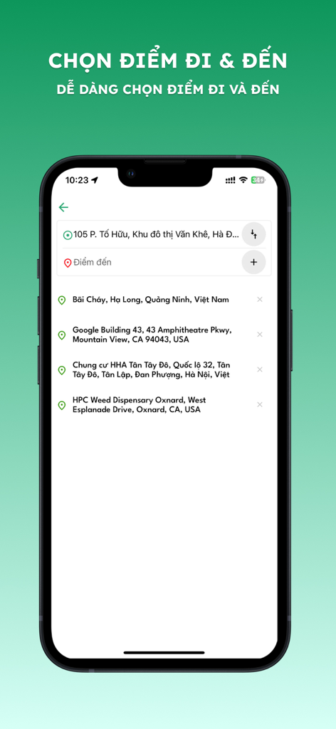 Thuelai - Tài Xế Lái Xe Hộ - Interface of the Thuelai app showing the location selection screen for hiring a driver with pickup and destination fields