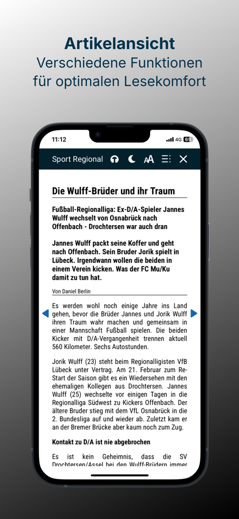 La interfaz de artículos de la aplicación TAGEBLATT que muestra una noticia con herramientas de lectura e íconos de ajuste.