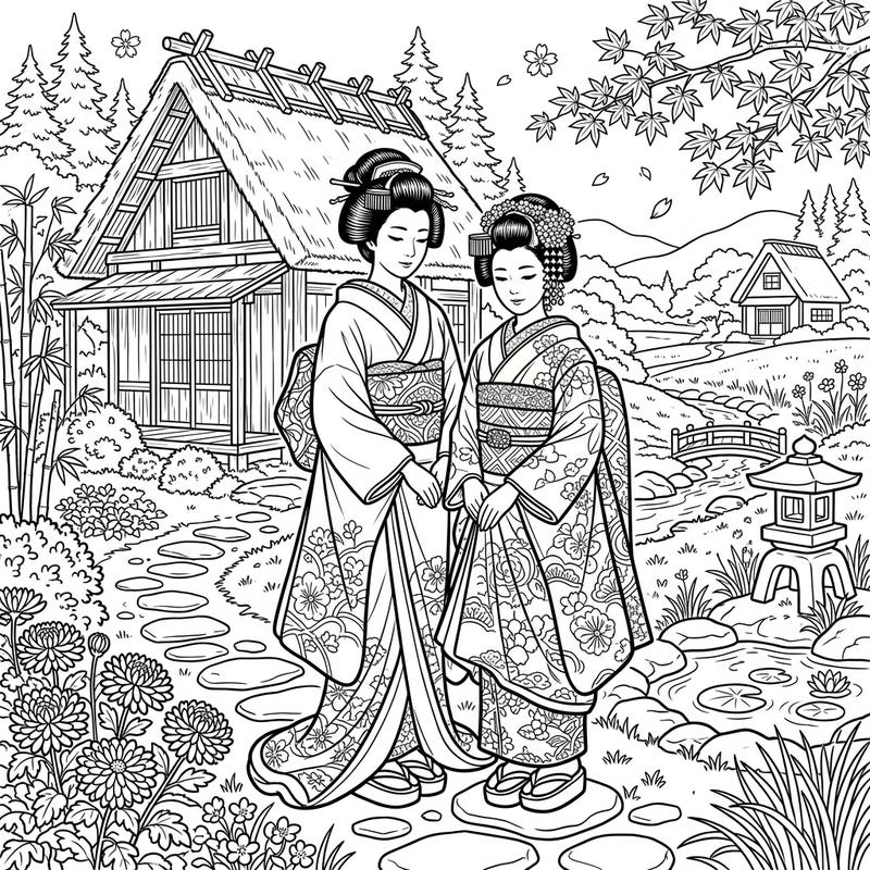 Immerse yourself in the graceful world of Geisha and Maiko, beautifully set against a charming cottagecore backdrop. This intricate coloring page invites you to explore a harmonious blend of Japanese tradition and rustic serenity.