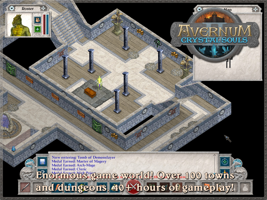 Avernum 2: Crystal Souls HD - Gameplay RPG isométrique dans Avernum 2 Crystal Souls HD présentant un environnement de donjon et une liste de personnages