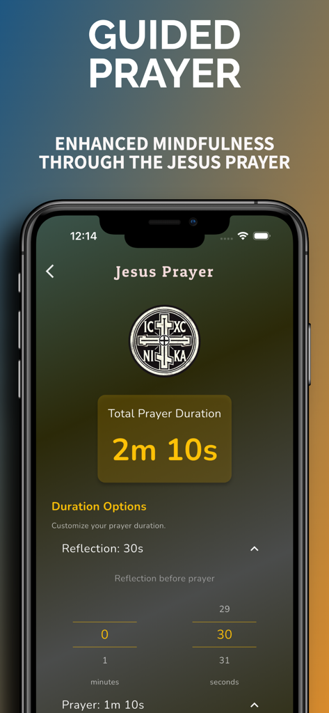Guided Jesus Prayer feature in the Orthodox Bible app showing duration settings and religious icon