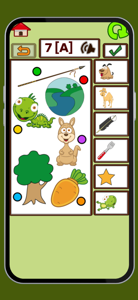 Interactive matching game with colorful animals and objects for kids learning Arabic