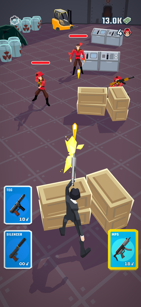 Agent Action - Spy Shooter - Personagem de Agent Action atirando em inimigos de trás de caixas em um jogo de ação 3D