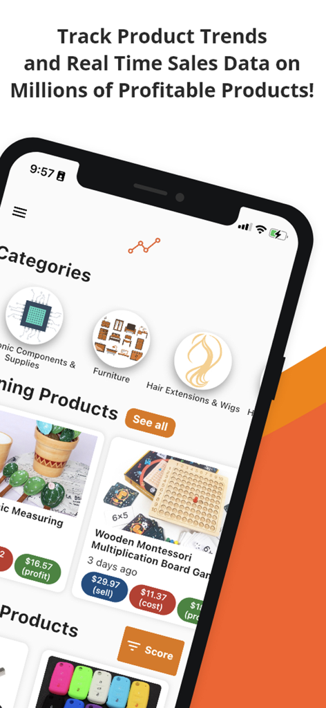 Dropshipping Analytics - Interfaz móvil de Dropshipping Analytics mostrando productos ganadores con datos de ventas, costes y beneficios