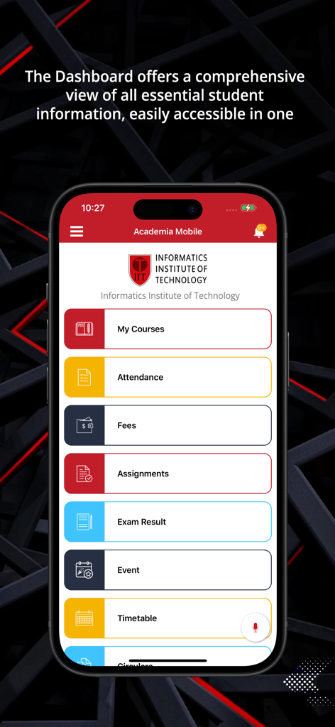 Academia @ IIT - IIT 아카데미아 모바일 앱의 대시보드 보기. 코스, 출석, 수수료, 과제 등 교육 서비스 목록을 보여줍니다.