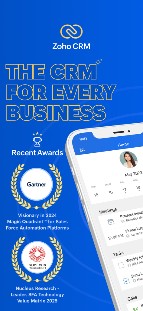 Zoho CRM app interface showing a business dashboard with industry awards from Gartner and Nucleus Research.