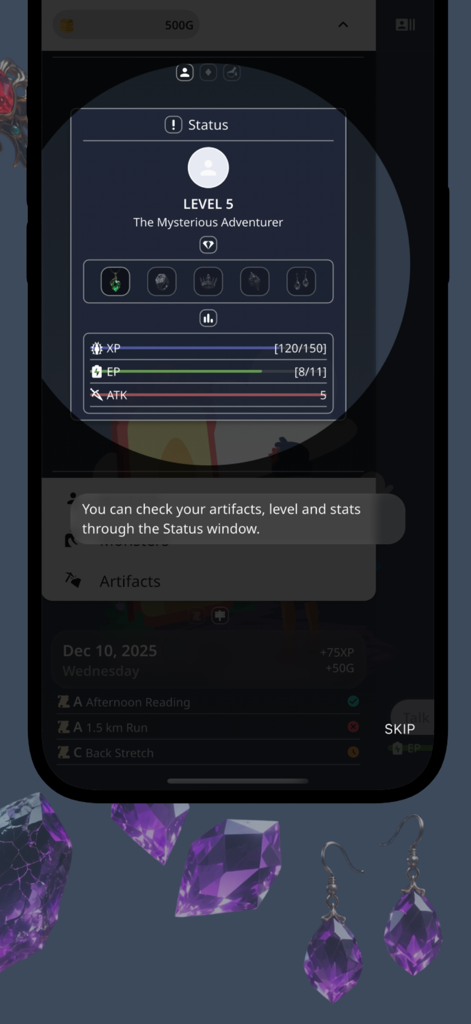 SENA: To-Do × RPG - SENA app interface displaying character level status stats and XP progress for a gamified to-do list