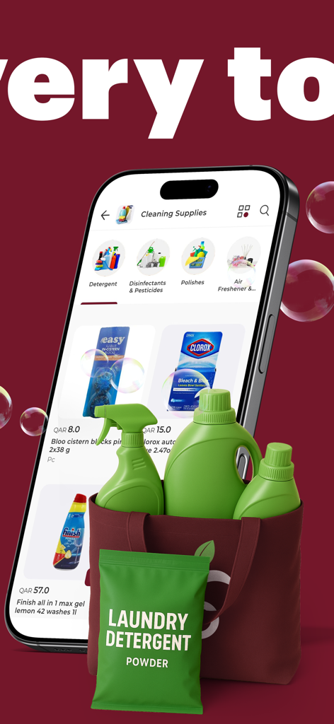 BaladiMart: Grocery - BaladiMart mobile app screen featuring cleaning supplies like detergent and bleach for delivery