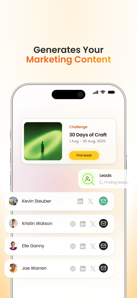 Nas.io - Capture d'écran de l'interface de l'application Nas.io affichant la génération de contenu marketing et une liste de prospects.
