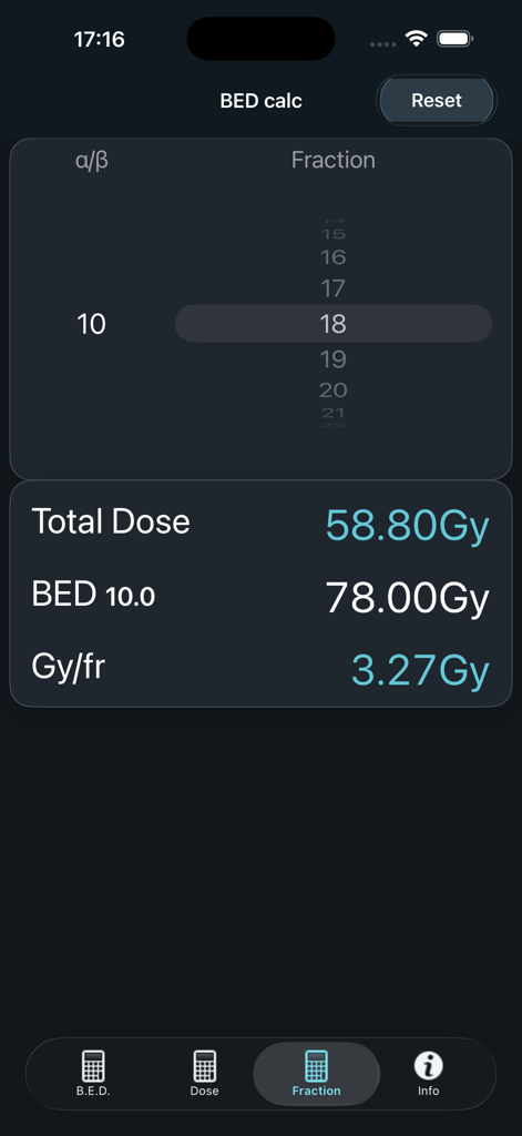 BED Calculator : Radiotherapy - Interface of the BED Calculator app showing radiotherapy fraction calculations in dark mode