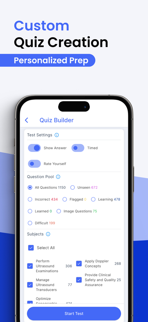 Prepry - ARDMS & CCI Exam Prep - Screenshot of the Prepry app Quiz Builder interface showing settings for timed tests and subject selection for ARDMS exam preparation.