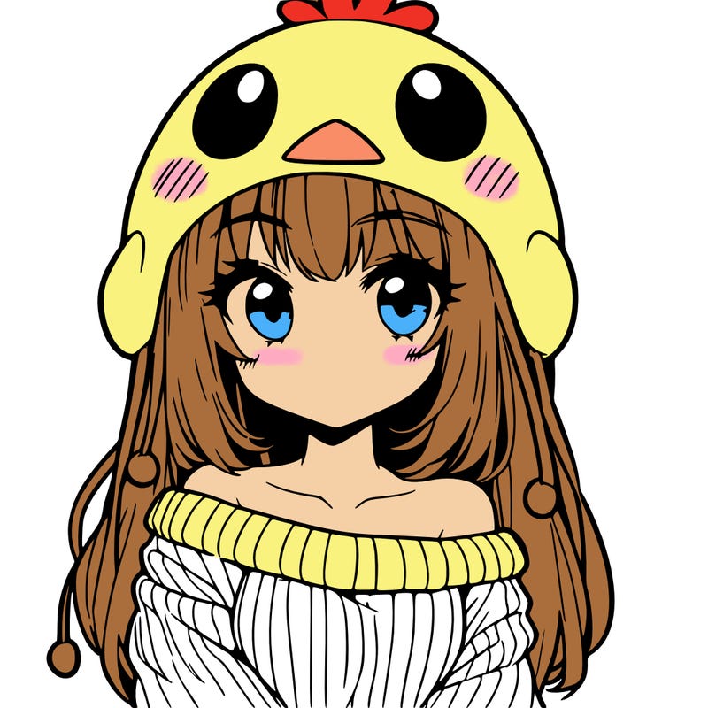 anime girl with chick shaped hat with sweater with bare shoulders with bangs covering them one eye with low tail