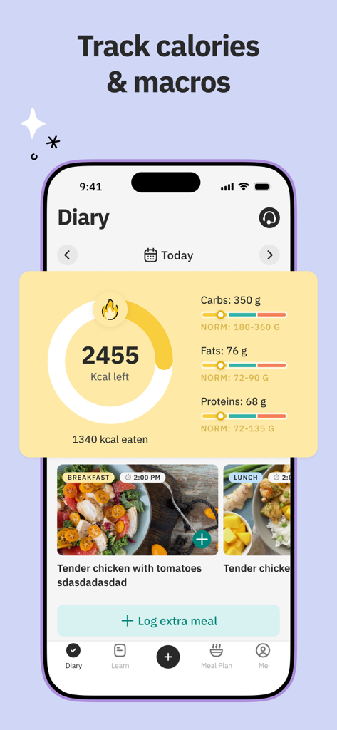 Unimeal app interface showing calorie and macro tracking in the daily diary