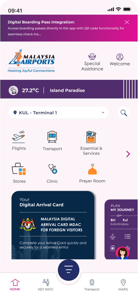 MYairports - 공항 서비스 및 디지털 도착 카드 정보가 표시된 MYairports 앱 홈 화면