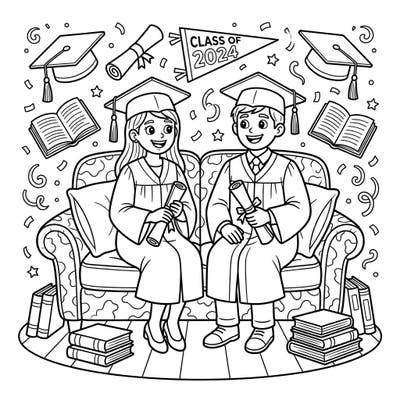 Capture the joy of academic success with this delightful coloring page featuring two graduates on a loveseat, surrounded by festive graduation symbols. It's the perfect way to honor milestones and create a lasting, colorful memory of achievement.