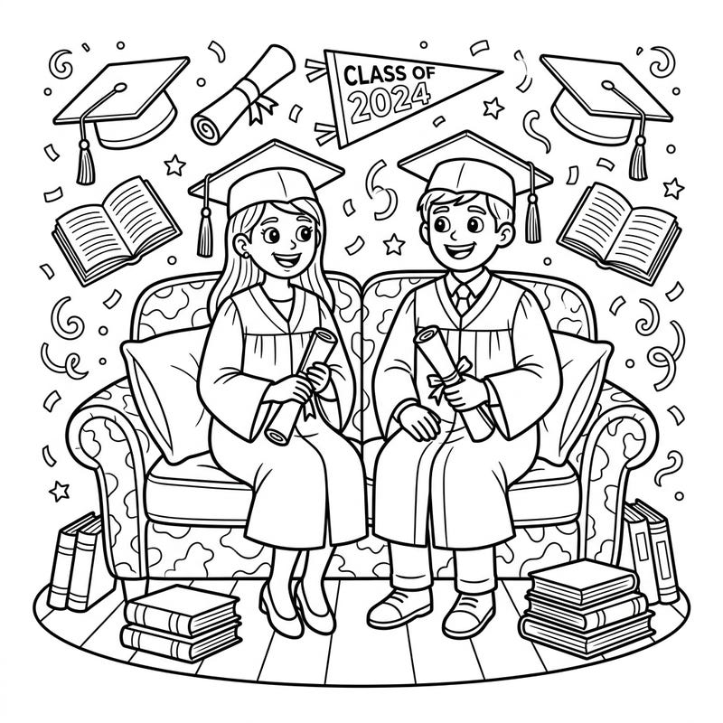 Capture the joy of academic success with this delightful coloring page featuring two graduates on a loveseat, surrounded by festive graduation symbols. It's the perfect way to honor milestones and create a lasting, colorful memory of achievement.