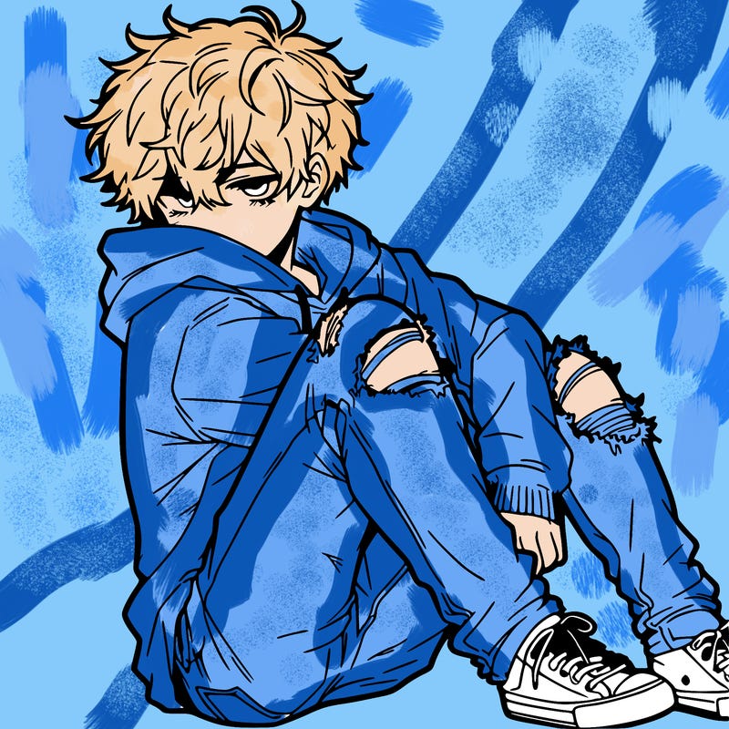 a male hoddie ripped jeans messy hair anime