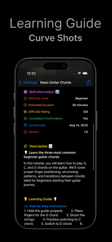 Black CirkleAI Pro - Screenshot of a beginner guitar chords learning guide in the Black CirkleAI Pro app showing step by step instructions