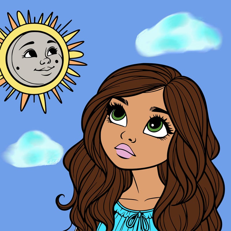 an realistic girl, who’s looking up at the sun and the moon next to each other