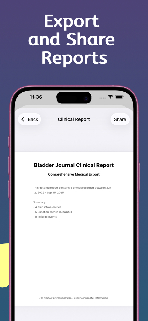 Bildschirm der Blasentagebuch-App, der eine Zusammenfassung des klinischen Berichts für den medizinischen Export zeigt