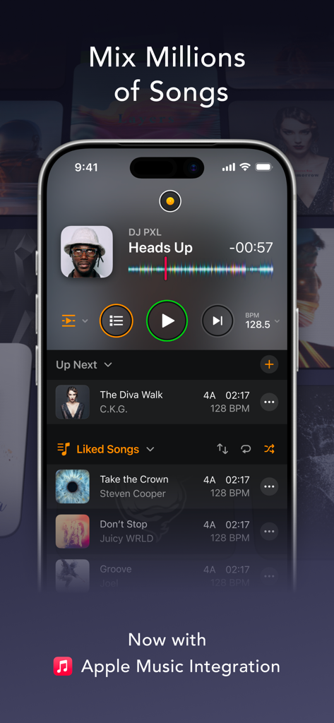 djay app interface on iPhone showing Apple Music integration and a list of songs to mix.