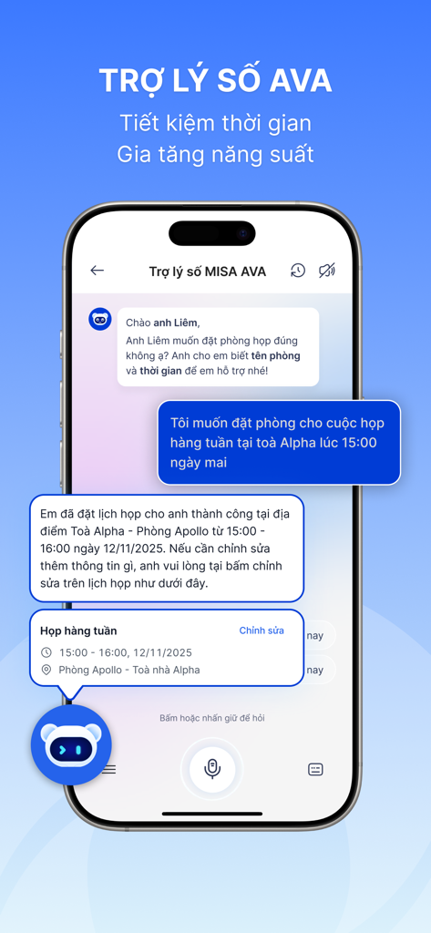 MISA AMIS - MISA AMIS mobile app showing the digital assistant AVA managing meeting room bookings