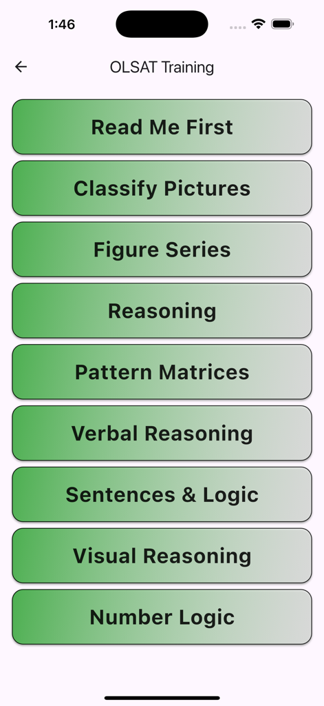 Menu di allenamento OLSAT con categorie come ragionamento verbale e matrici di pattern