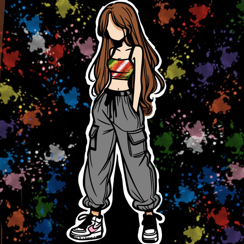 girl in baggy pants crop top and long hair