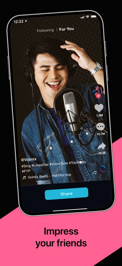 A young man recording vocals for a social media video using the Volmix music maker app