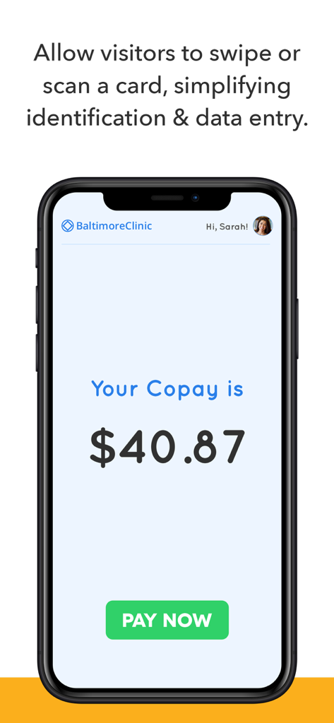 Interface de quiosque de uma clínica médica em um smartphone mostrando um valor de coparticipação e um botão de pagamento agora