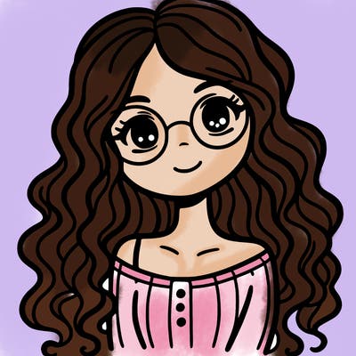 girl with long wavy hair and round glasses