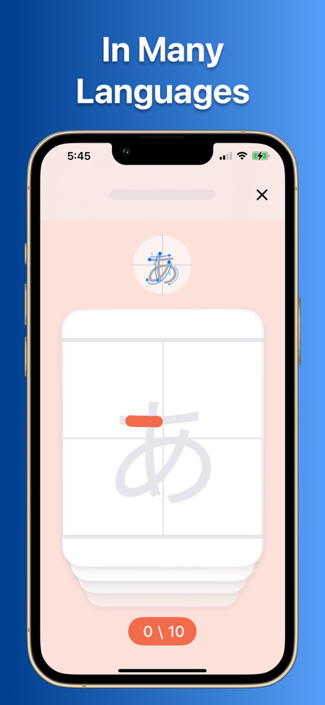 Interfaccia dell'app Writey che mostra la pratica guidata dei caratteri Hiragana giapponesi con guide sull'ordine dei tratti