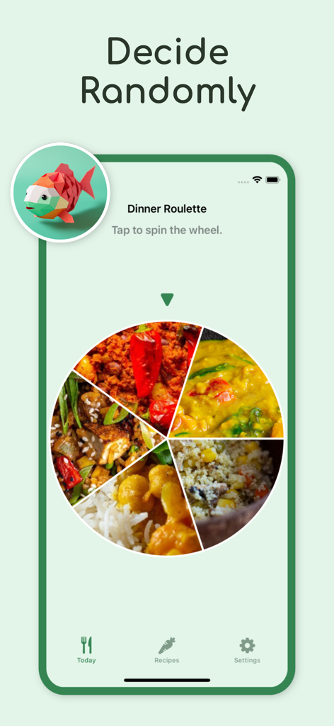 AI Meal planner: Easy Recipes - AI Meal planner app interface featuring a dinner roulette wheel for random meal suggestions