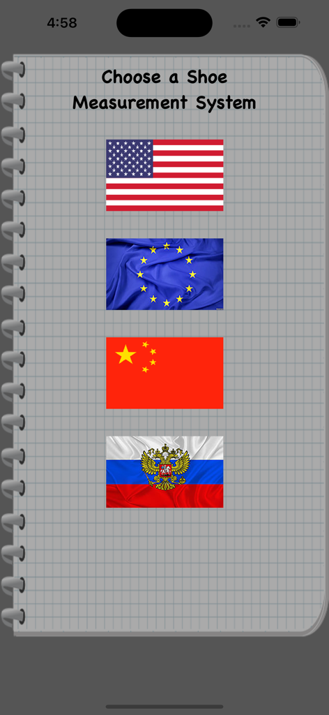 App-Bildschirm zur Auswahl eines Schuhmesssystems mit Flaggen von USA, Europa, China und Russland
