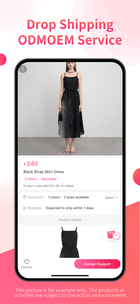 Produktdetailseite der VVIC Großhandels-Mode-App mit einem schwarzen Kleid und Dropshipping-Service
