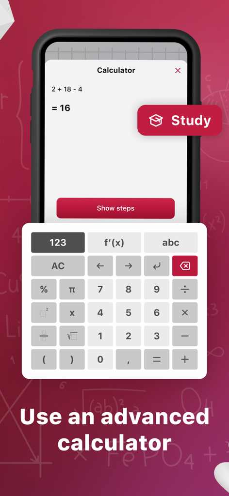 Photosolve - Math Photo App - A screenshot of the Photosolve app showing an advanced math calculator with a step by step solution for an equation