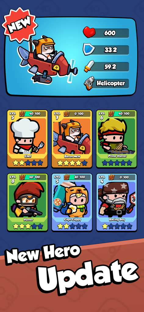 Popcorn Legend - Popcorn Legend mobile game interface showing a collection of unlockable hero characters including Baron Mew and Chef