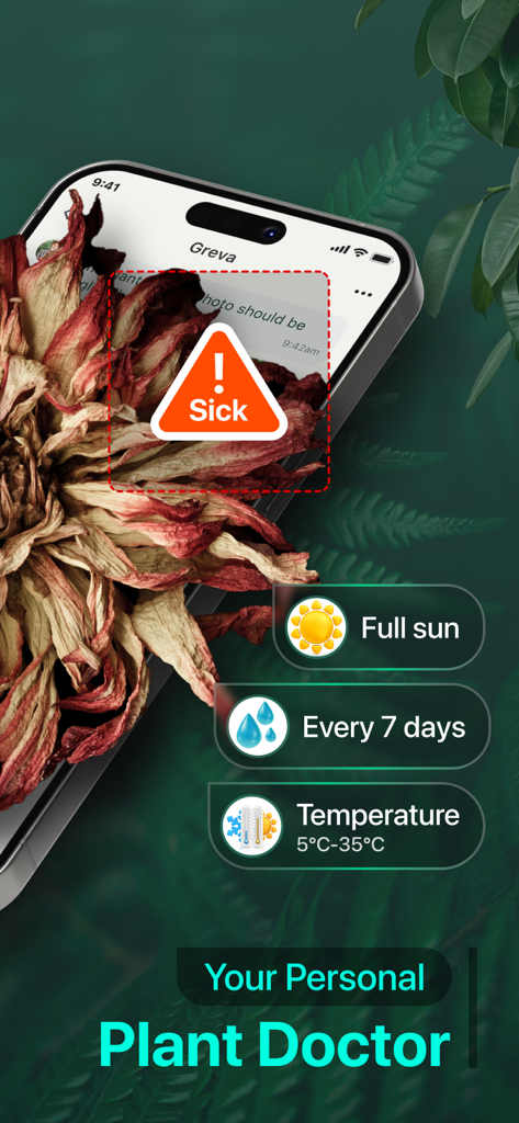 Interface de l'application PlantAI diagnostiquant une plante malade et fournissant des instructions de soins