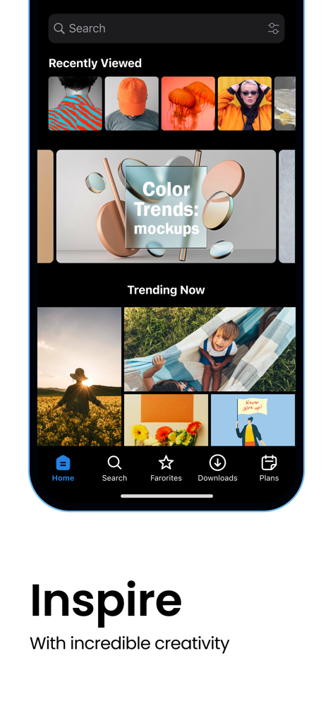 Pantalla de inicio de la aplicación Depositphotos mostrando fotos de tendencia y colecciones creativas.