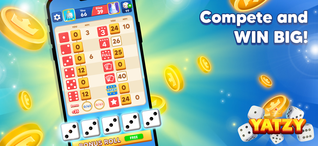 Yatzy Royal mobile game interface showing a scorecard and five dice on a blue background with golden coins